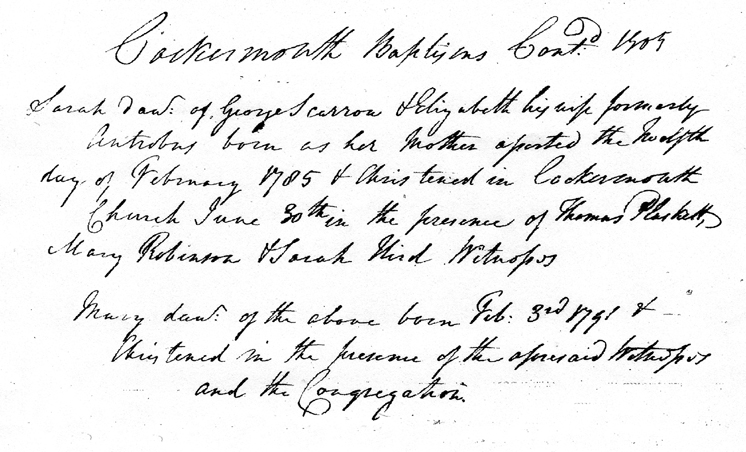 Baptism of Sarah Scarrow, Cockermouth 1805